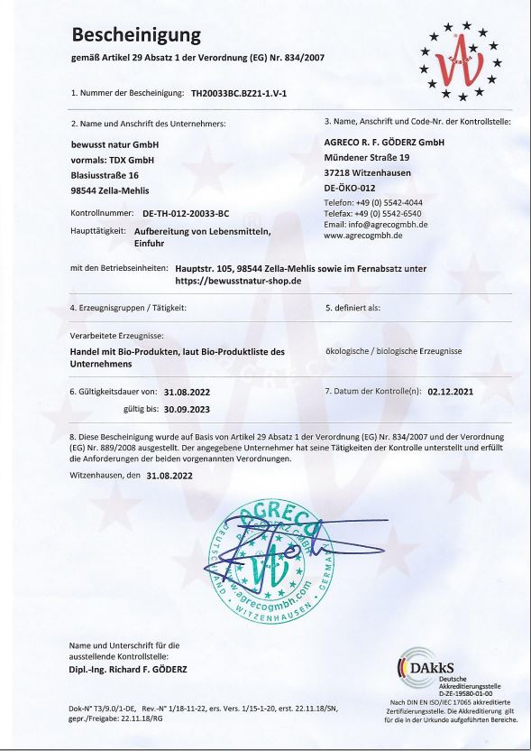 Bio-Zertifikat der bewusst natur GmbH
